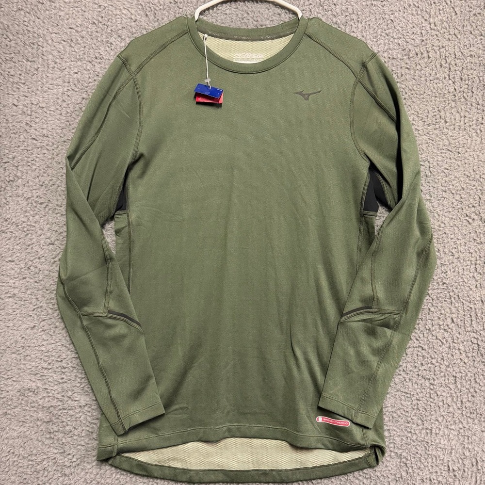 NEW Mizuno Men's Breath Thermo Crew Neck Activewear Top Olive Green Size S/M
